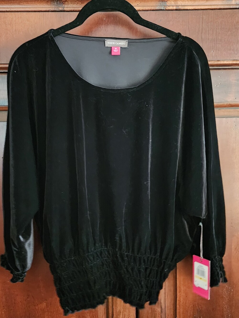 Vince Camuto Black Velvet Blouson Top, Raglan Sleeves, Size M